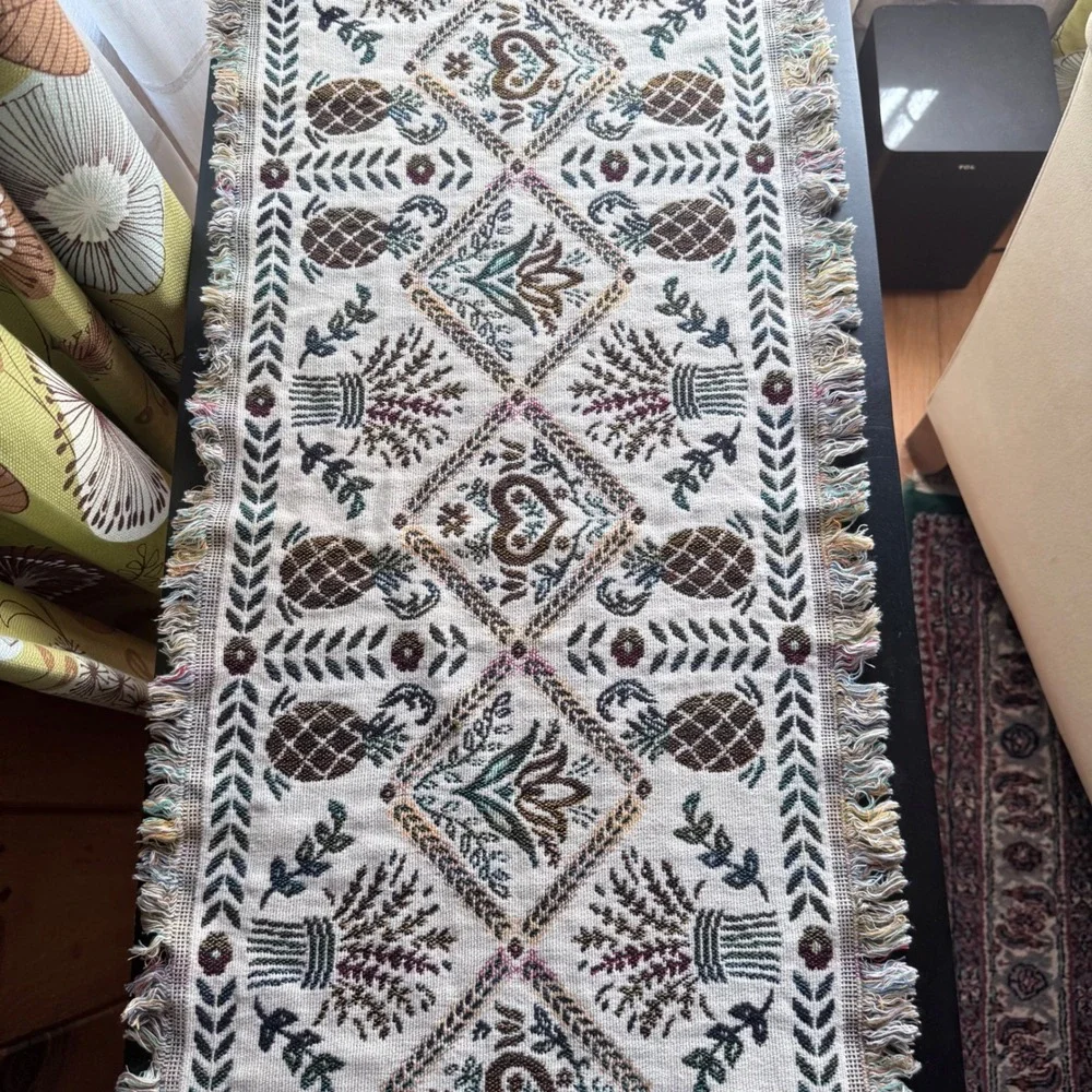 Crown Crafts Vintage Tapestry Table Runner Pineapple Floral Fringe 16x52 USA